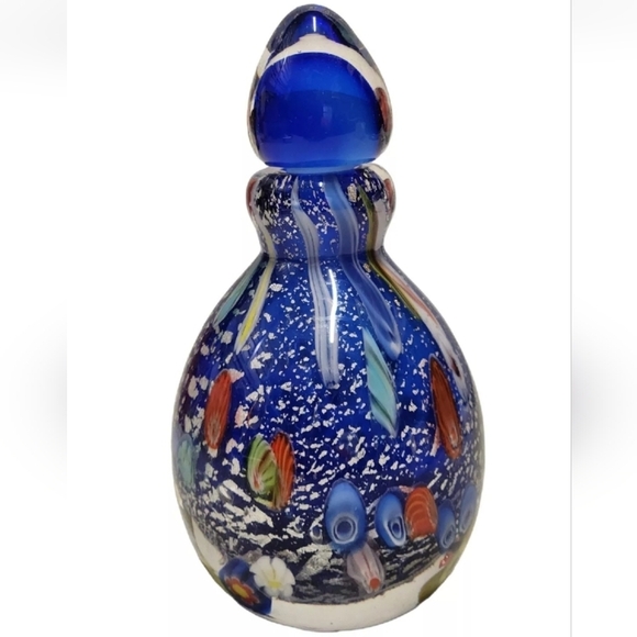 Murano Art Glass Perfume Bottle Cobalt Blue Silver Flecks Large Millefiori Vtg - Picture 6 of 7